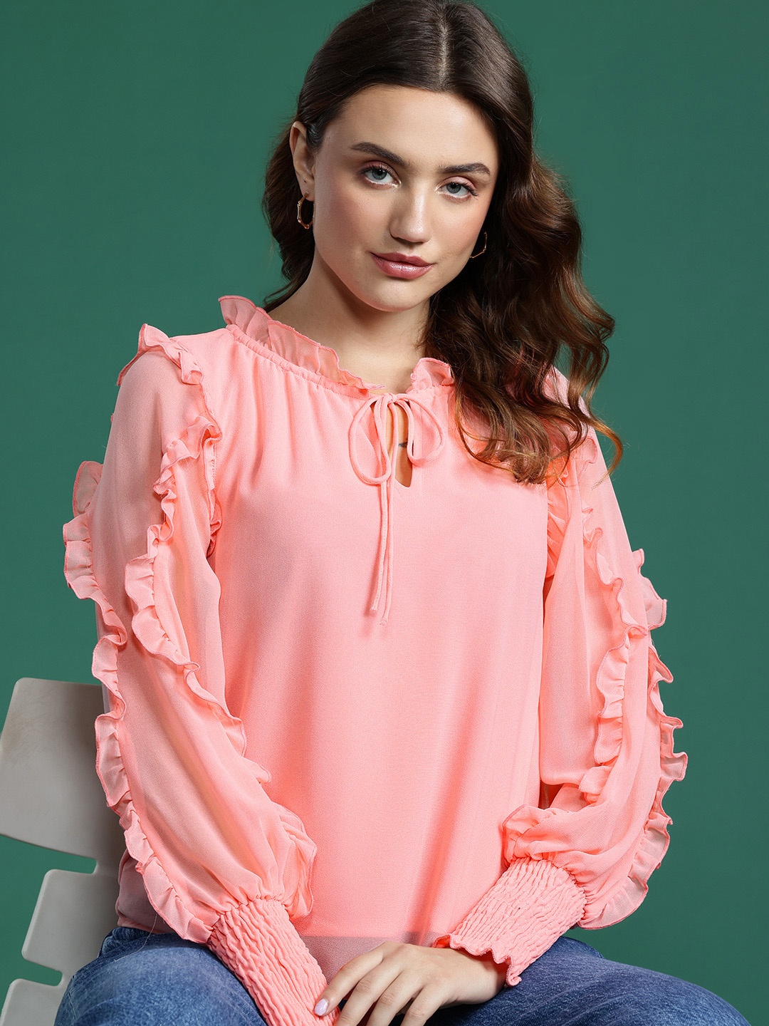 

DressBerry Tie-Up Neck Bishop Sleeves Ruffled Top, Pink