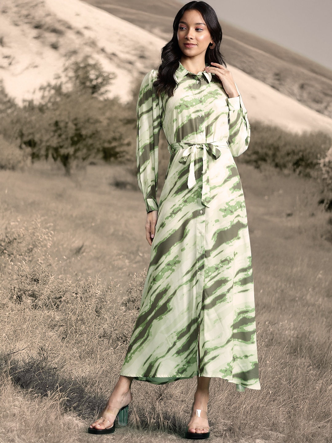 

DressBerry Print Shirt Maxi Dress, Green