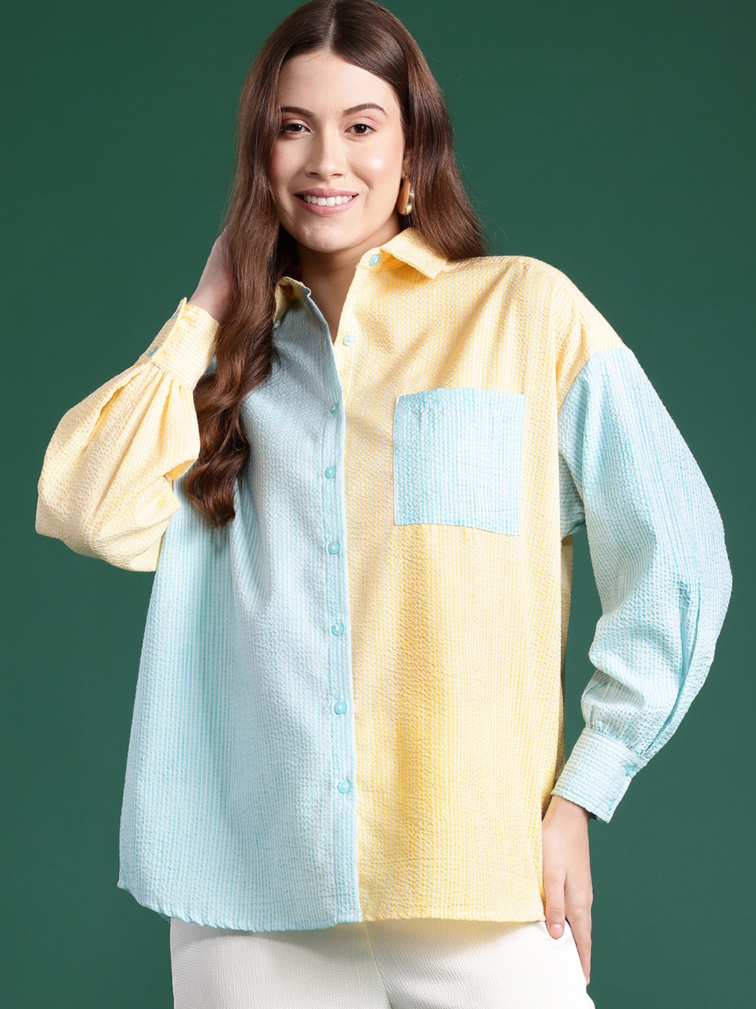 

DressBerry Colorblocked Lurex Seersucker Oversized Longline Shirt, White