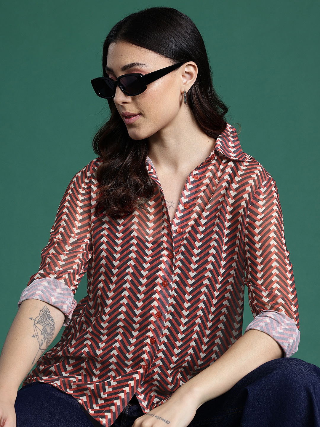 

DressBerry Printed Semi Sheer Casual Shirt, Red