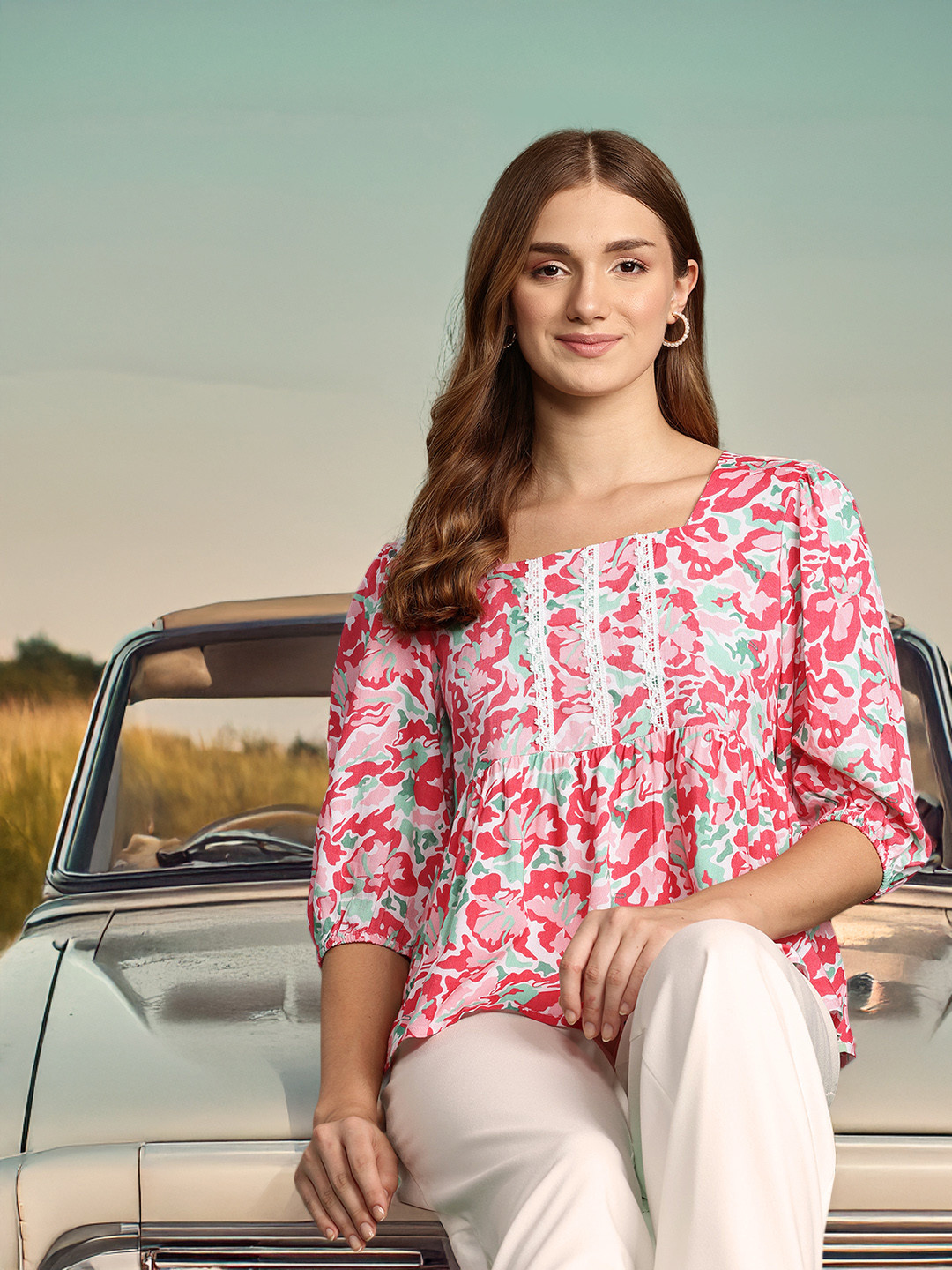 

DressBerry Abstract Print Puff Sleeves A-Line Top with Lace Insert Detail, Pink