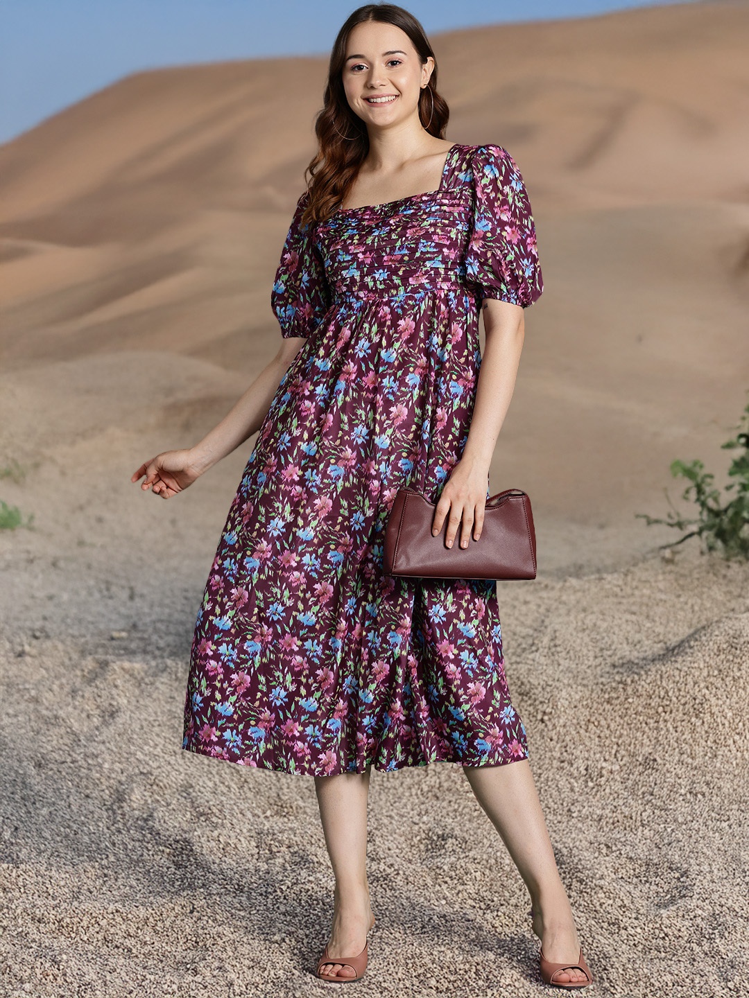 

DressBerry Printed Puff Sleeve A-Line Midi Dress, Burgundy