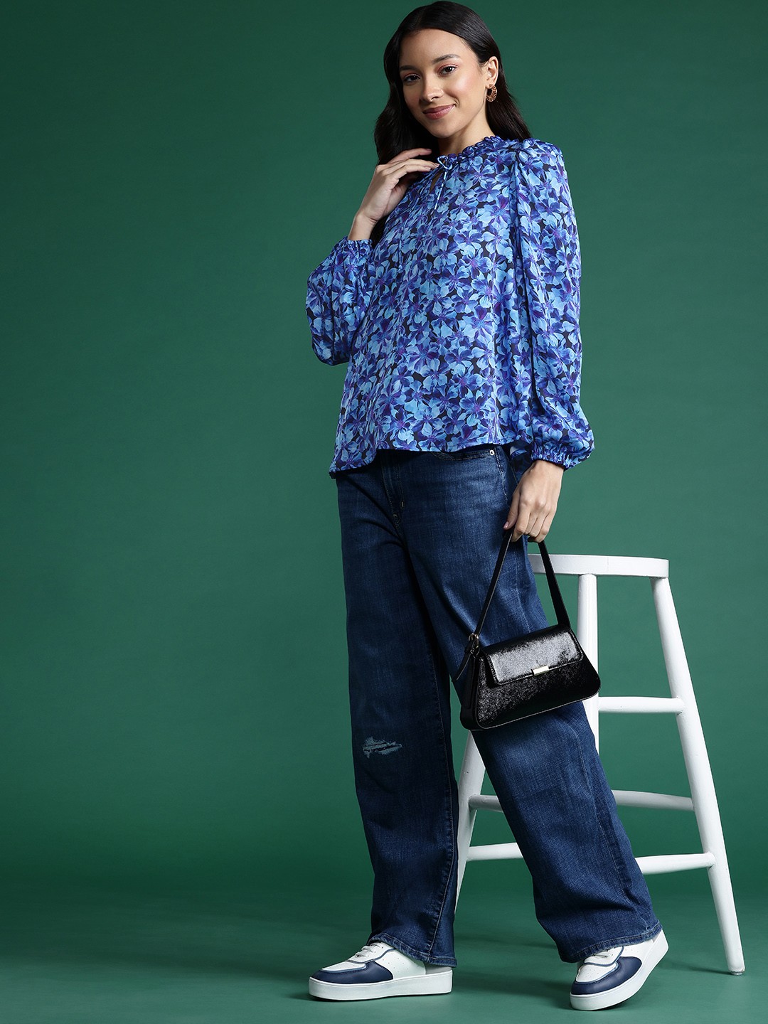 

DressBerry Floral Print Tie-Up Neck Top, Blue