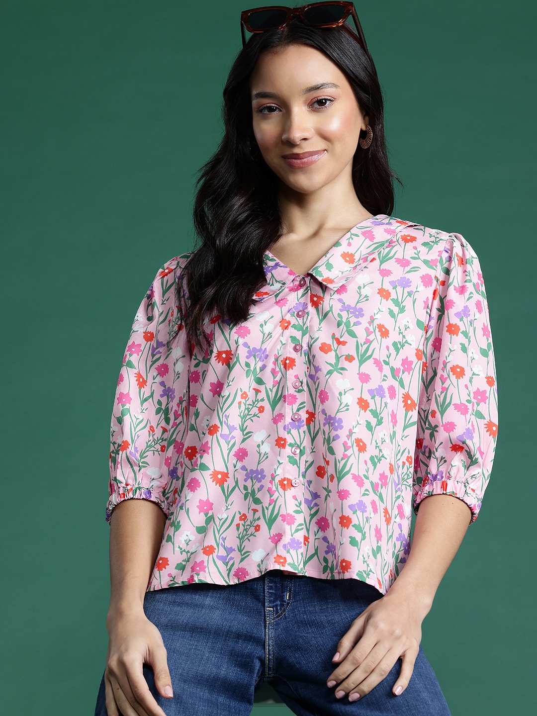 

DressBerry Floral Print Puff Sleeve Shirt Style Top, Pink