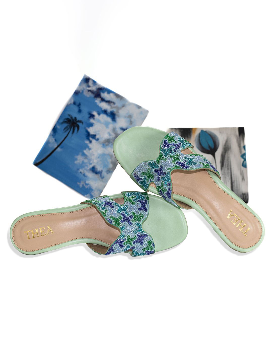 

Thea Embellished Open Toe Block Heels, Green