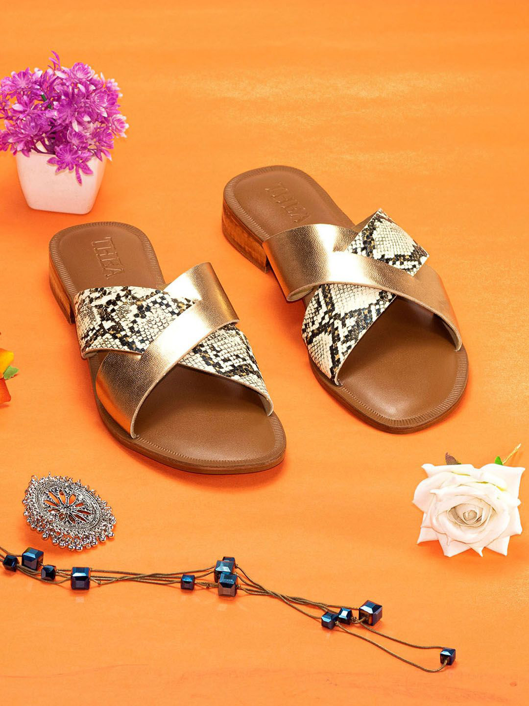 

Thea Printed Open Toe Block Heels, Gold