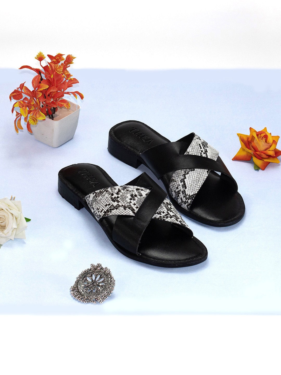 

Thea Printed Open Toe Block Heels, Black