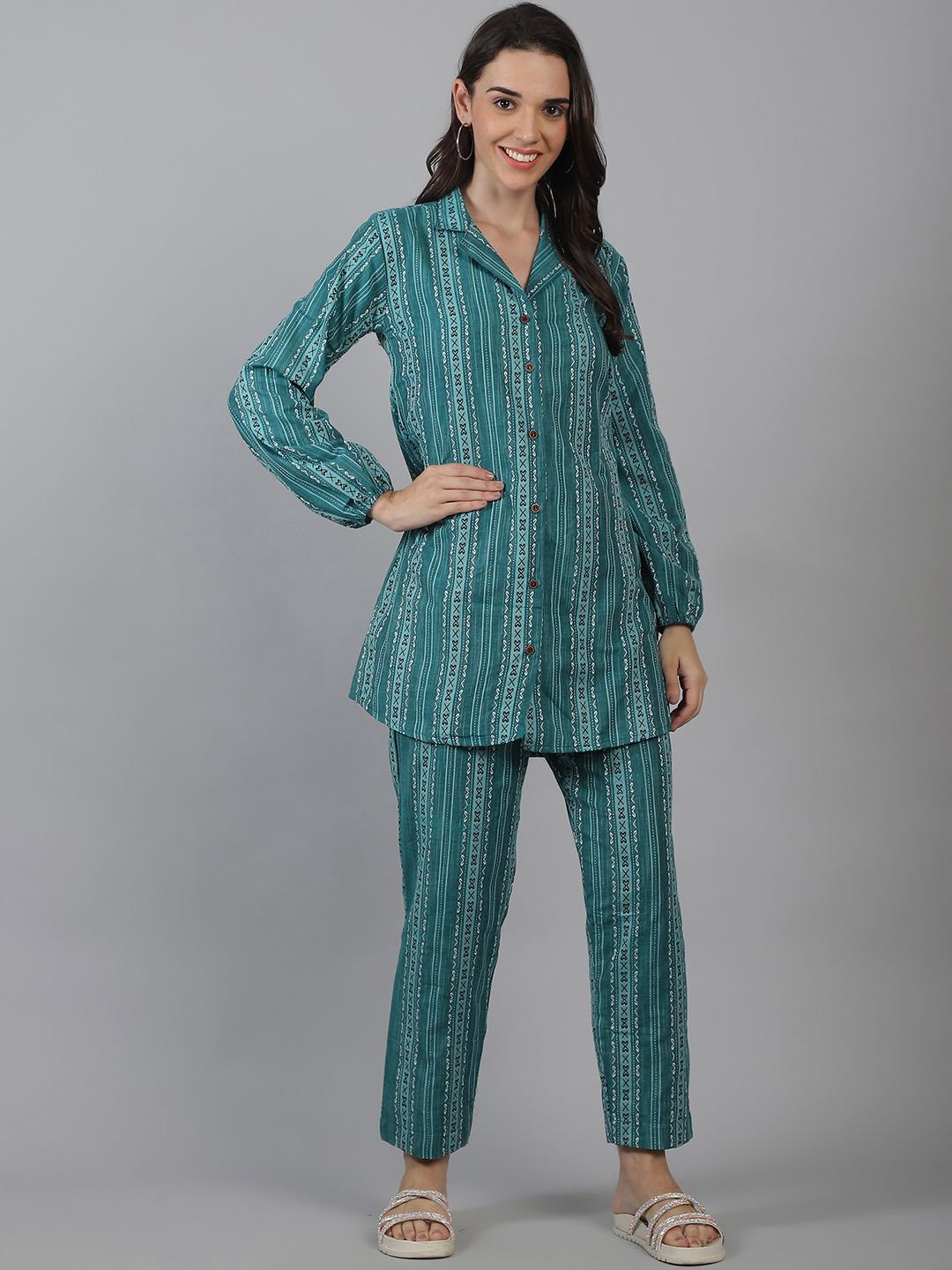 

Enchanted Drapes Printed Pure Cotton Lapel Collar Shirt & Trousers, Teal