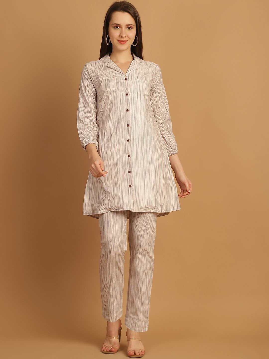 

Enchanted Drapes Stripes Printed Pure Cotton Top & Trousers, Beige