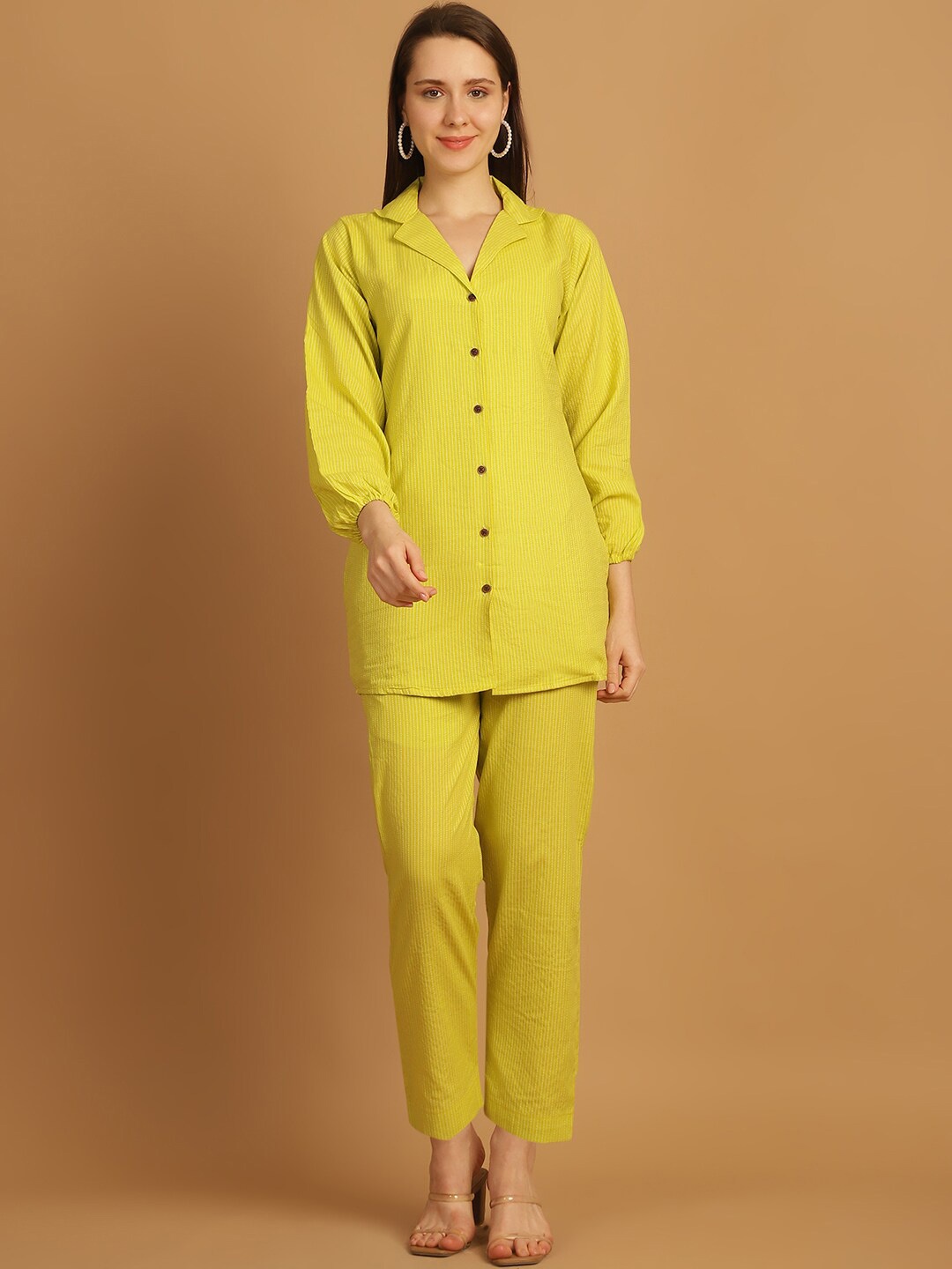 

Enchanted Drapes Self Design Lapel Collar Pure Cotton Shirt With Trousers, Yellow