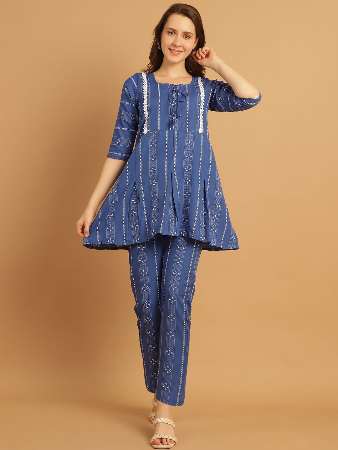 

Enchanted Drapes Floral Woven Design Pleated Pure Cotton A-Line Kurti With Trousers, Blue