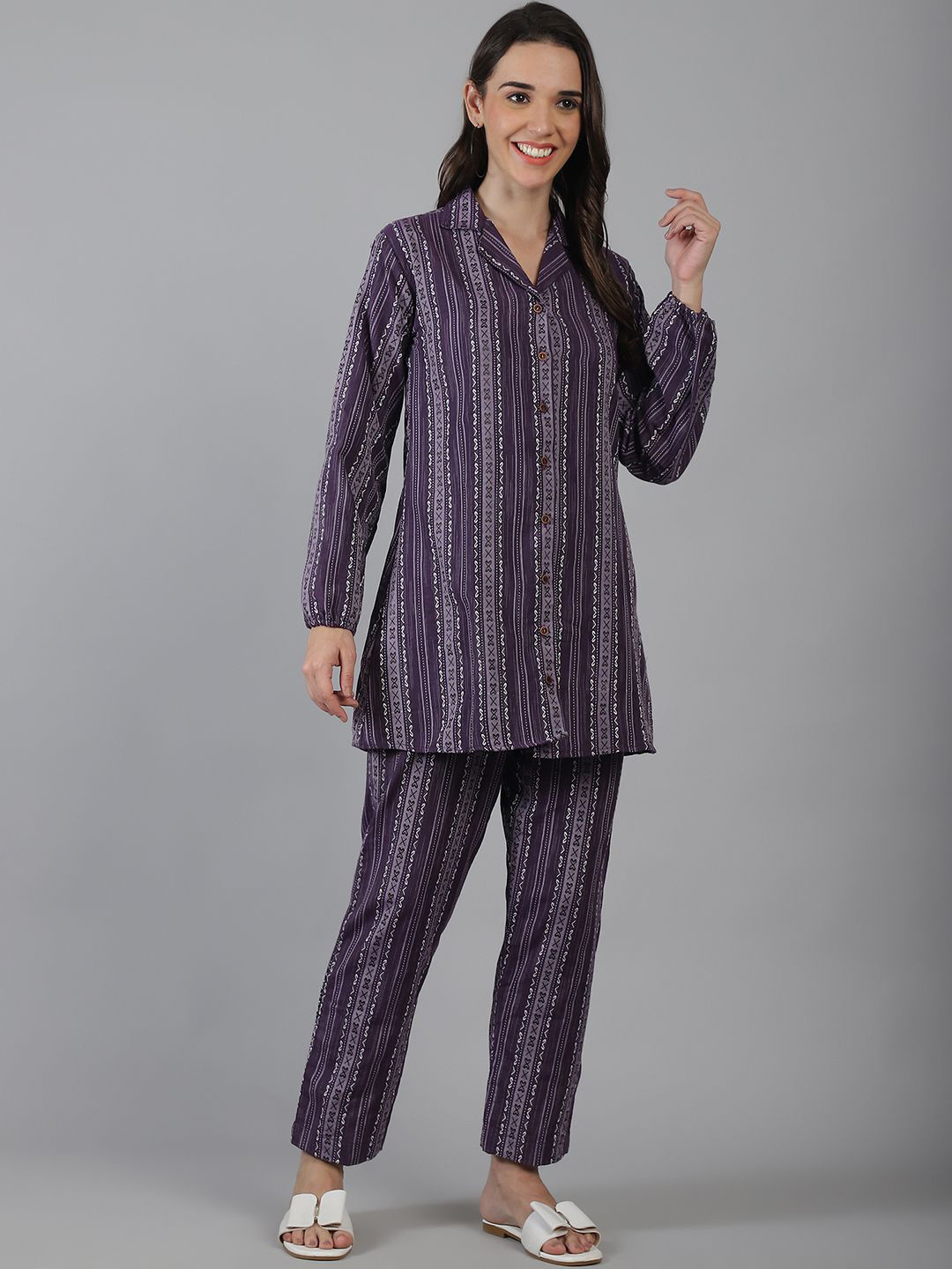 

Enchanted Drapes Ethnic Motifs Printed Lapel Collar Pure Cotton Shirt With Trousers, Purple