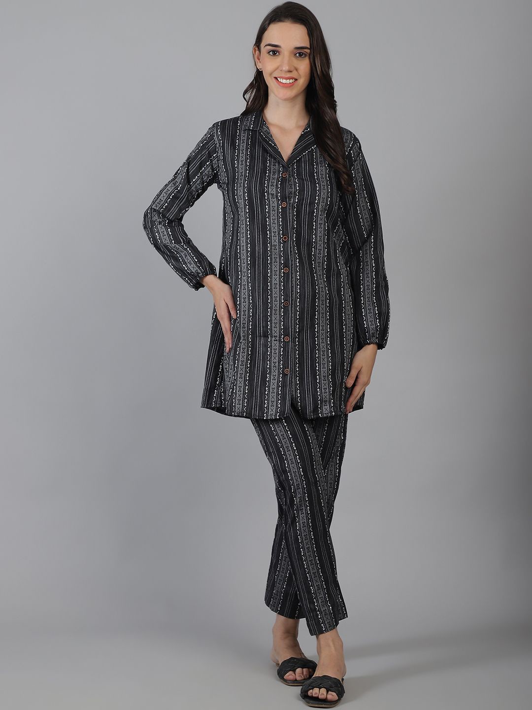 

Enchanted Drapes Striped Pure Cotton Tunic With Trousers, Black