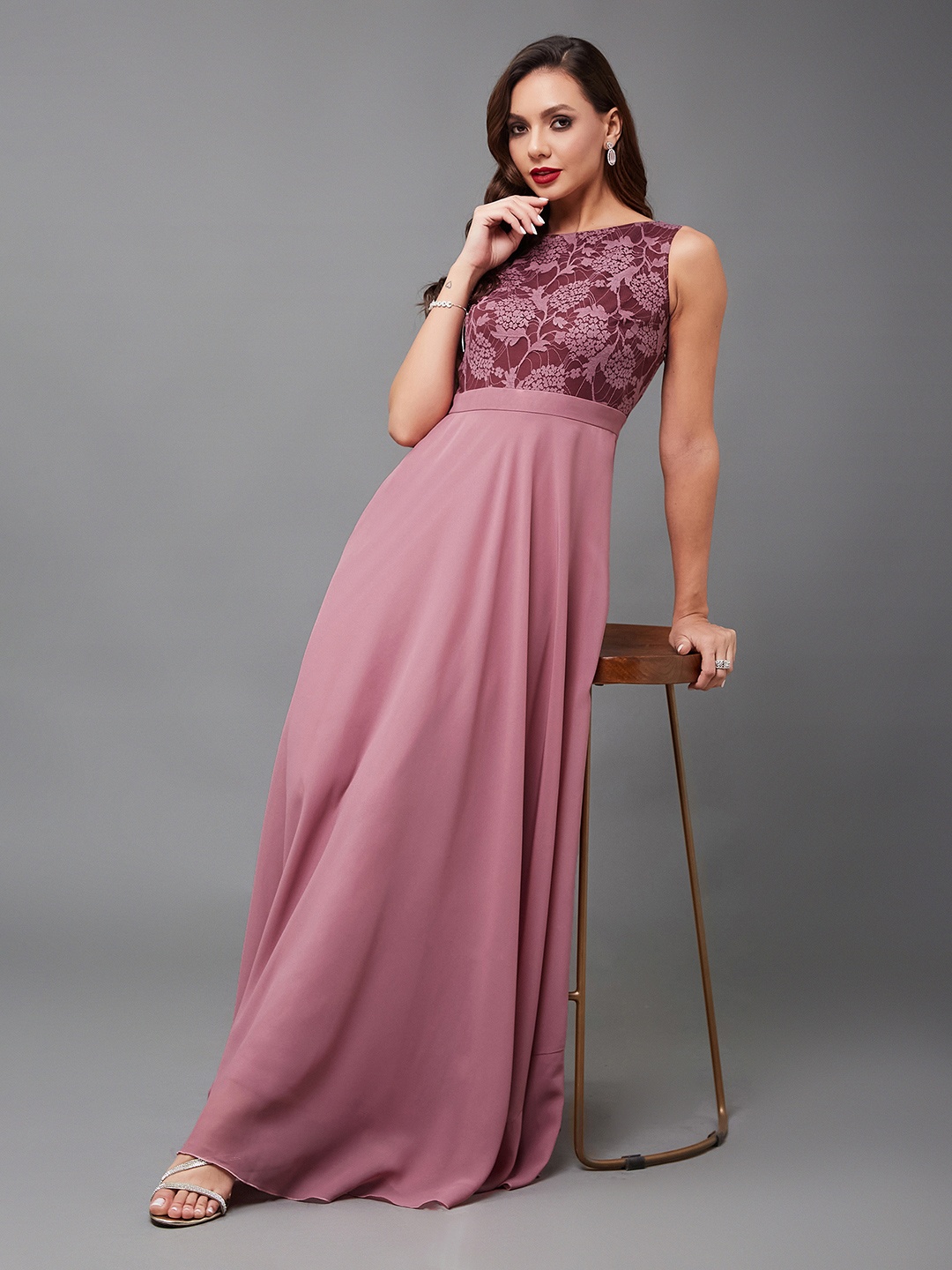 

Miss Chase Round Neck Floral Self Design Georgette Maxi Dress, Lavender