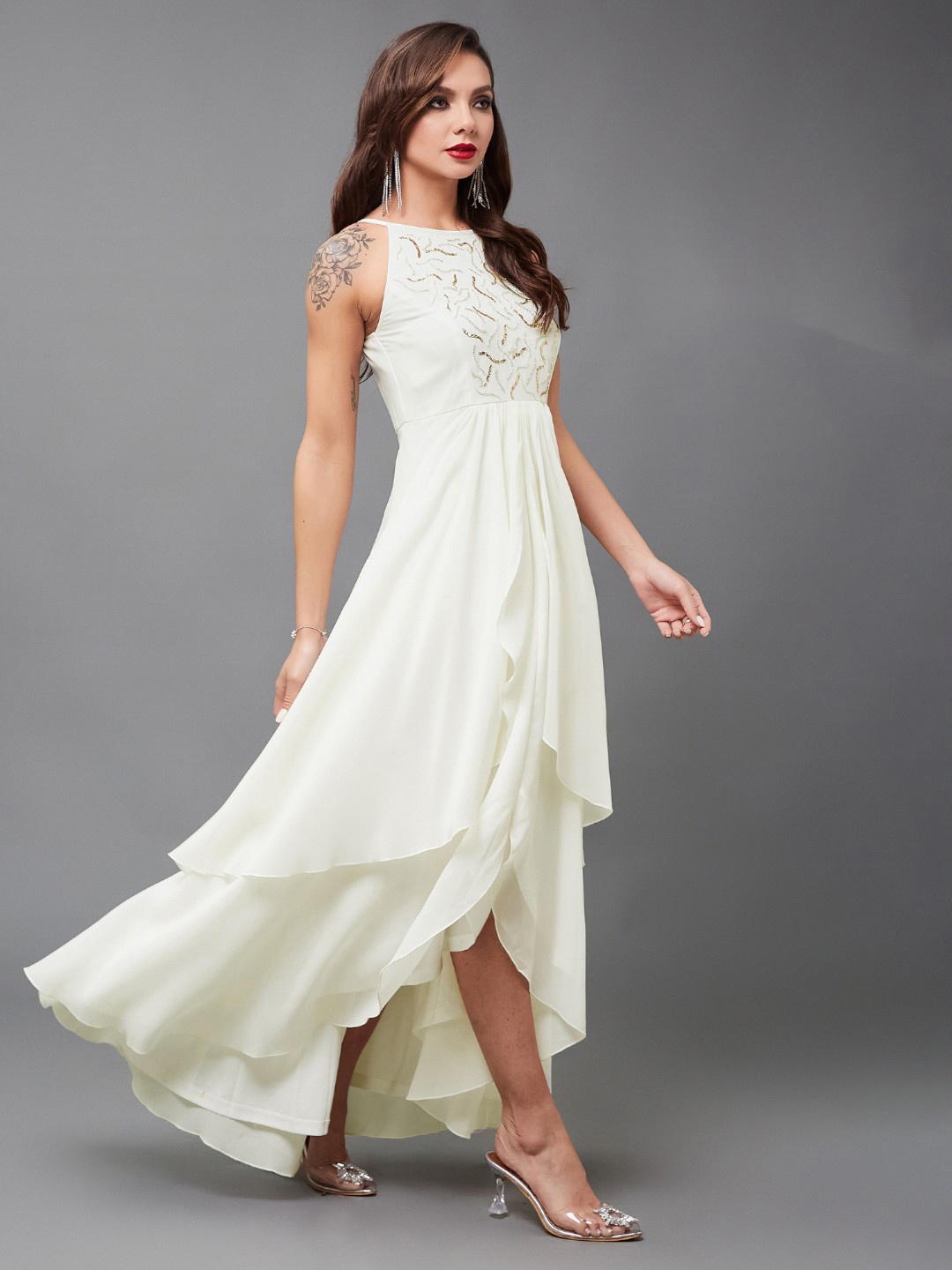 

Miss Chase Embellished Georgette Layered Sleeveless Maxi Dress, Off white