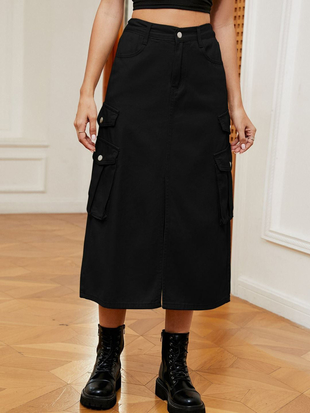 

4WRD by Dressberry Denim Midi Skirt, Black