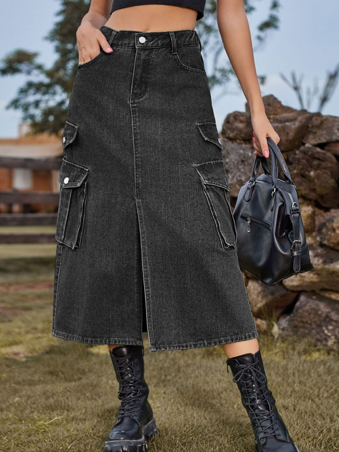 

4WRD by Dressberry Denim A-Line Midi Skirt, Grey