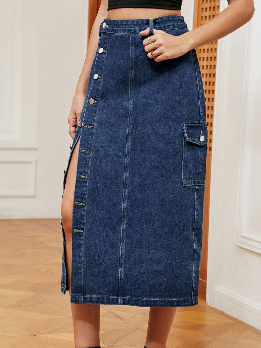 

4WRD by Dressberry Blue Denim A-Line Midi Skirt