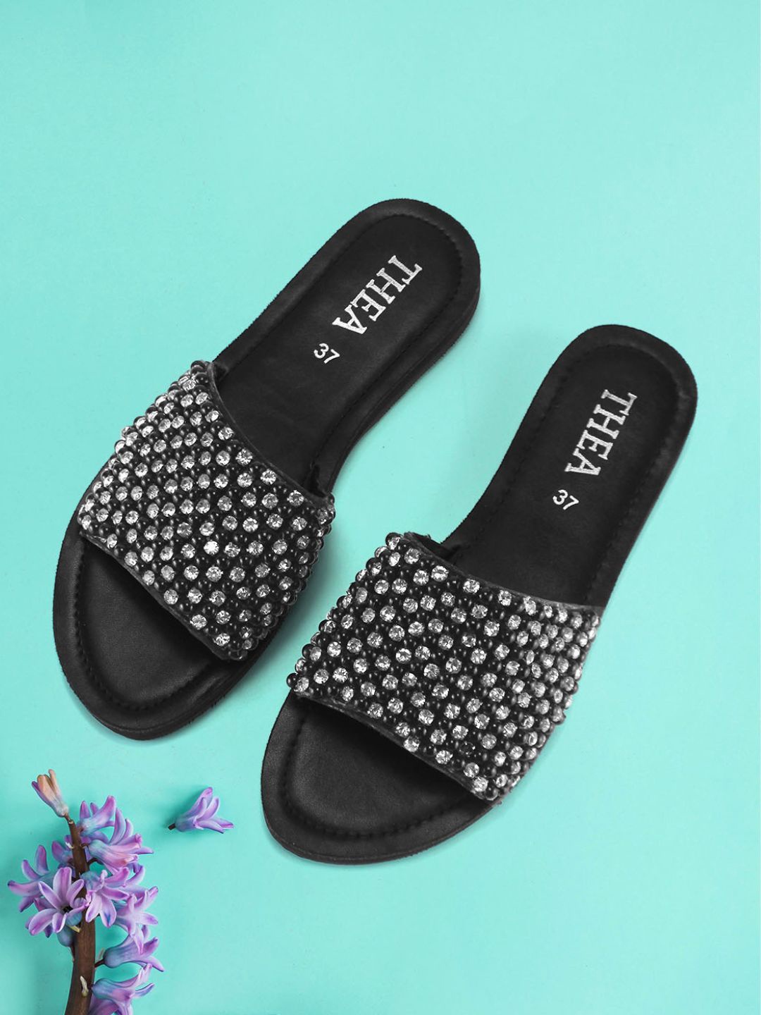 

Thea Embellished Open Toe Flats, Black