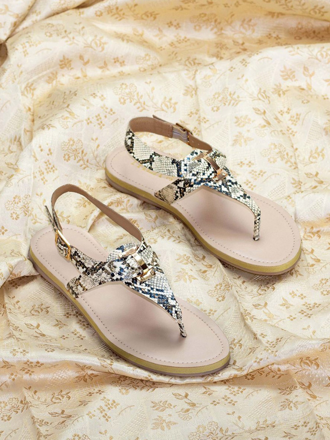 

Thea Printed Open Toe T-straps Flats, Brown