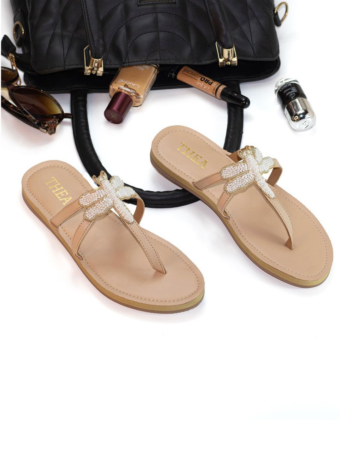 

Thea Embellished Open Toe T-Strap Flats, Beige