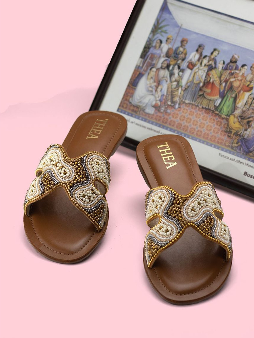

Thea Embellished Open Toe Flats, Beige