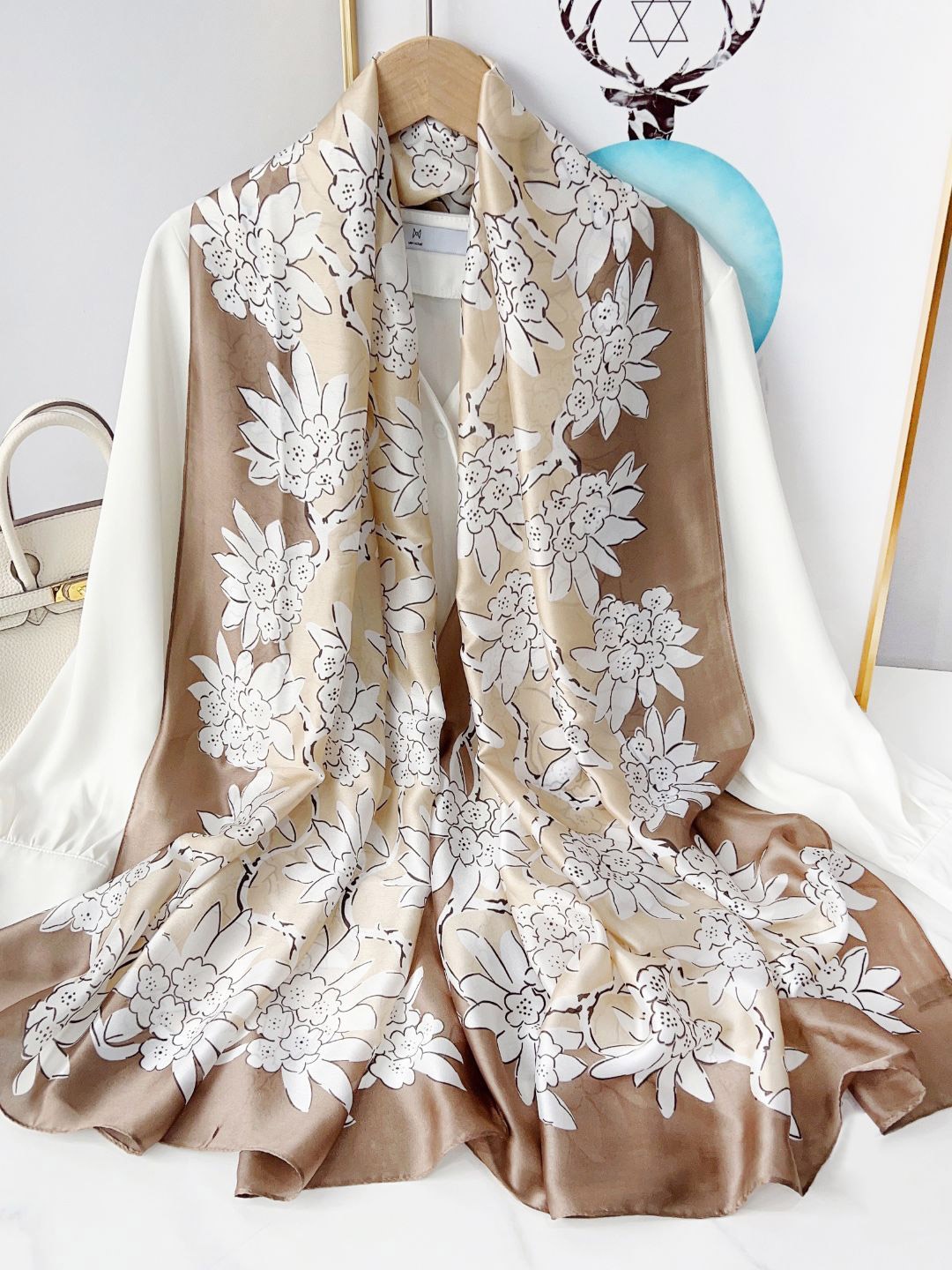

CrossKulture Floral Printed Satin Scarf, Beige