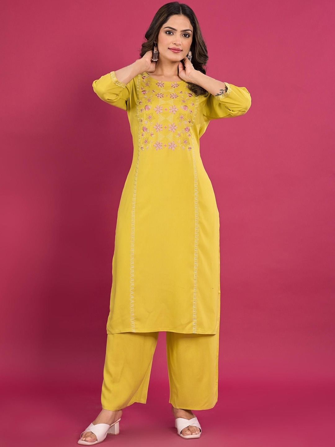 

Anouk Yellow Ethnic Motifs Yoke Design Round Neck Zari Modal Kurta