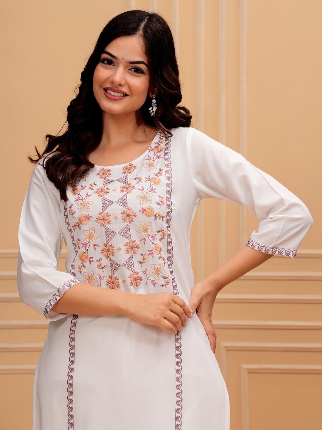 

Anouk White Ethnic Motifs Yoke Design Round Neck Regular Straight Thread Work Modal Kurta