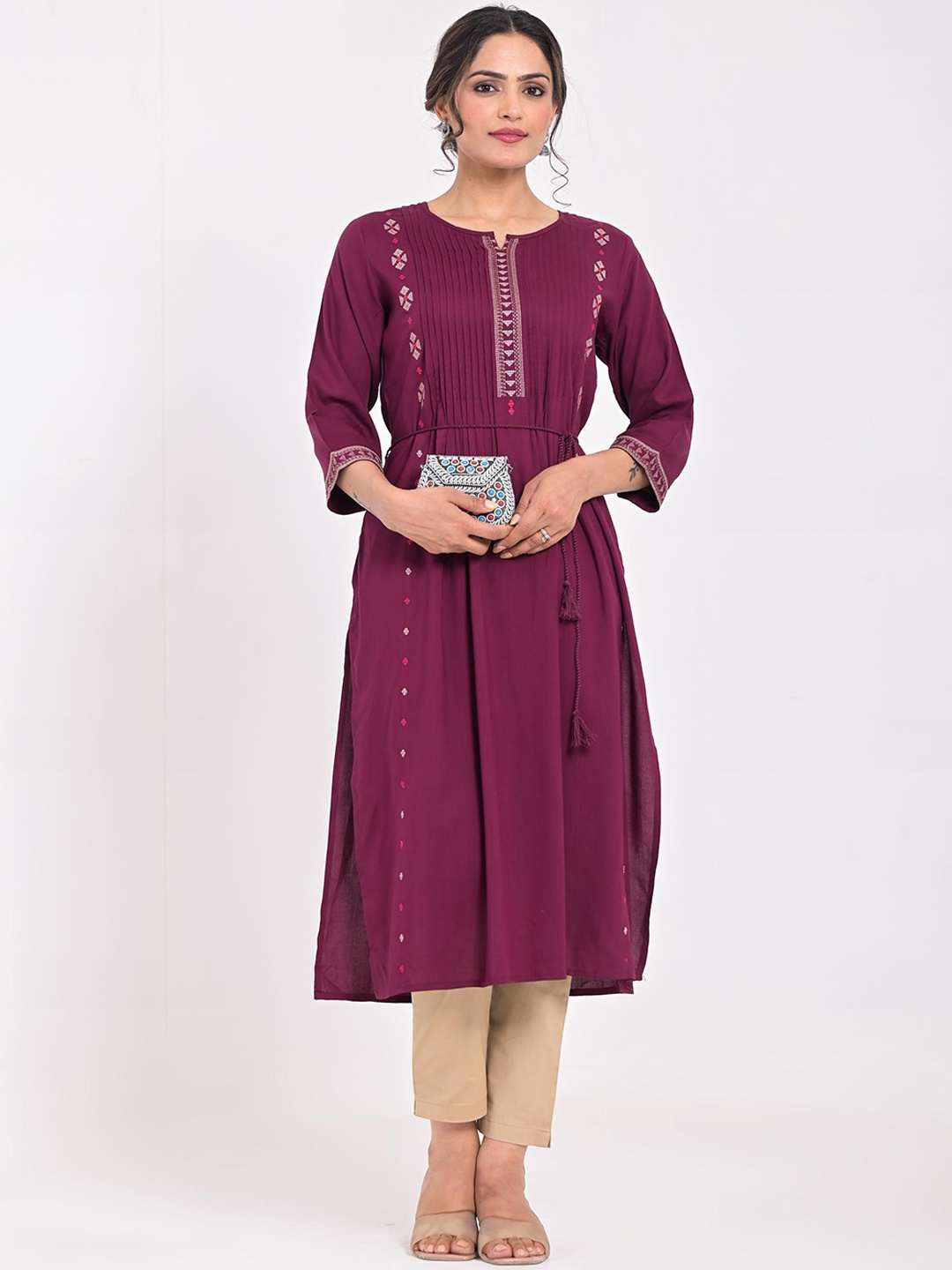

Anouk Maroon Ethnic Motifs Woven Design A-Line Modal Kurta