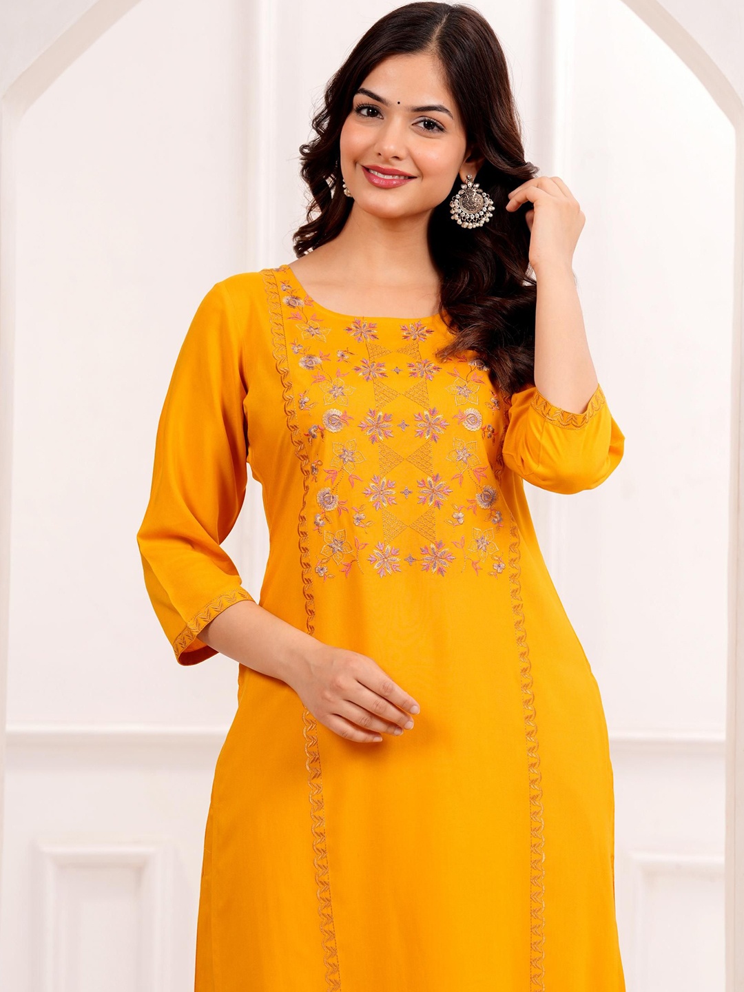 

Anouk Mustard Ethnic Motifs Yoke Design Round Neck Straight Thread Work Modal Kurta