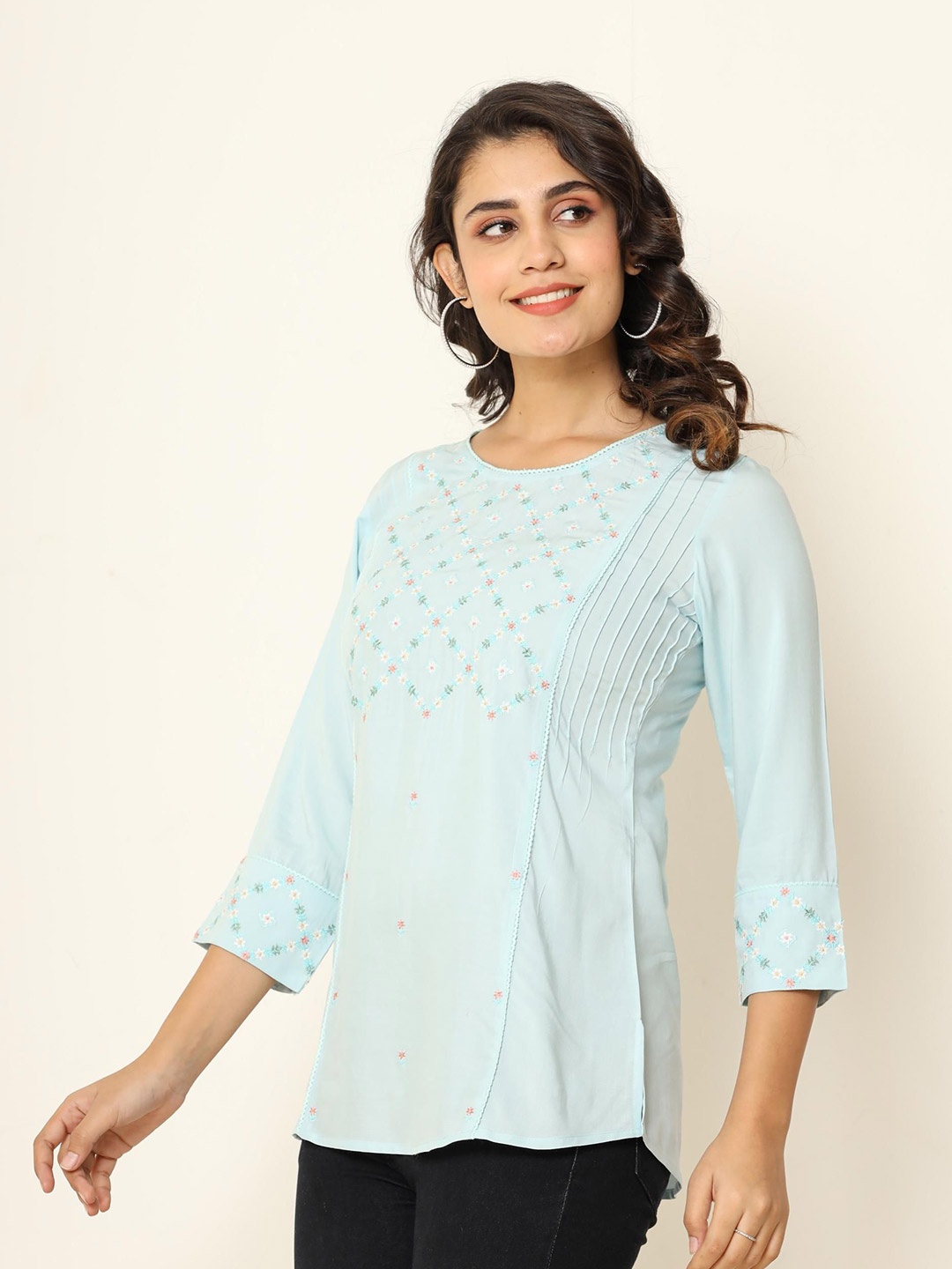 

Anouk Blue Floral Embroidered Round Neck Modal Ethnic Top