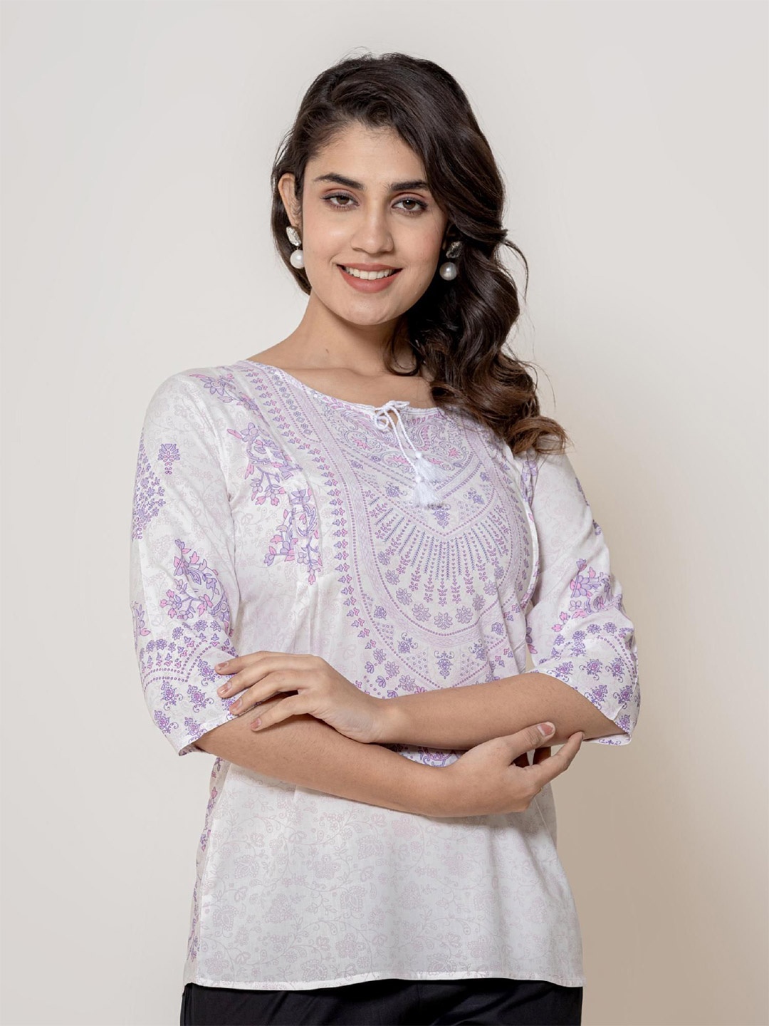 

Anouk Purple & White Printed Tie-Up Neck Modal Ethnic Top