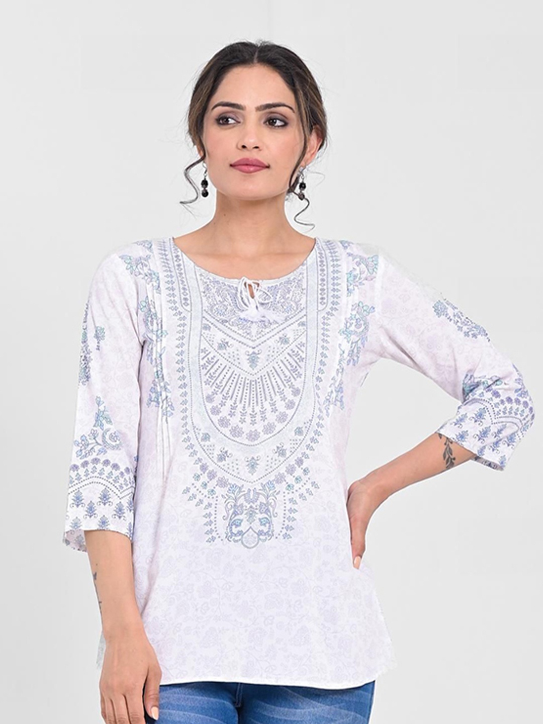 

Anouk Blue & White Ethnic Motifs Printed Tie-Up Neck Modal Regular Top