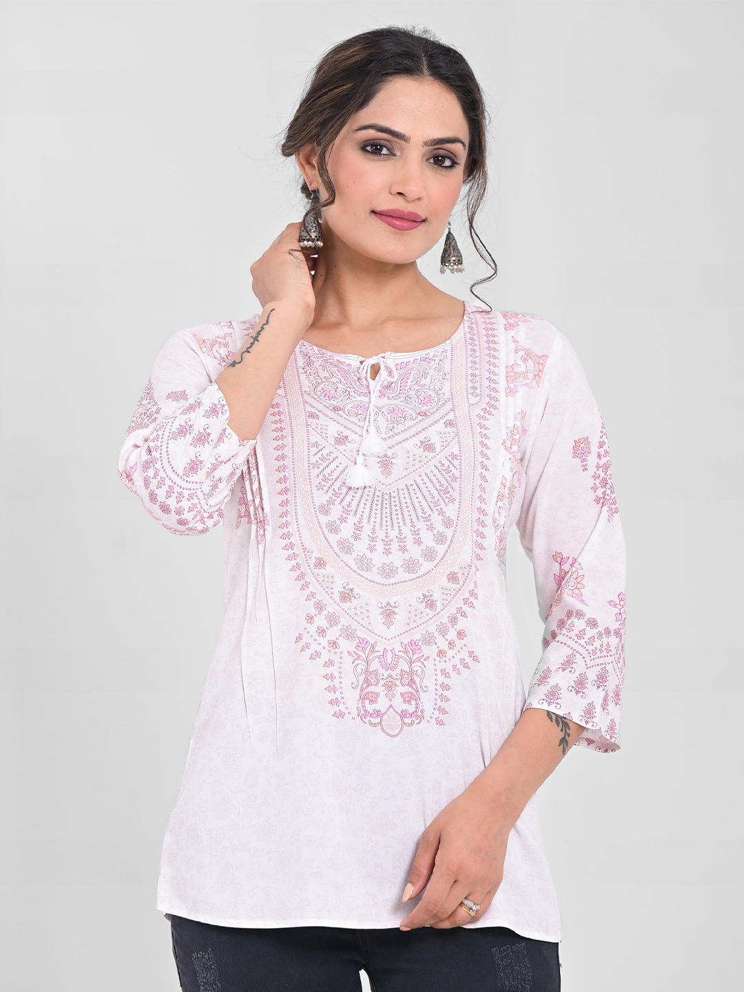 

Anouk Pink & White Ethnic Motifs Printed Tie-Up Neck Modal Regular Top