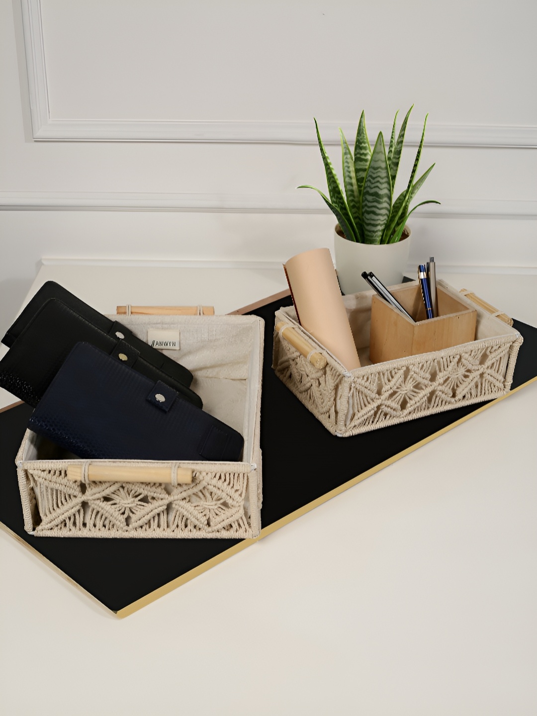 

ANWYN Beige 2 Pieces Self Design Heat Resistant Cotton Jute Multi-Utility Organisers