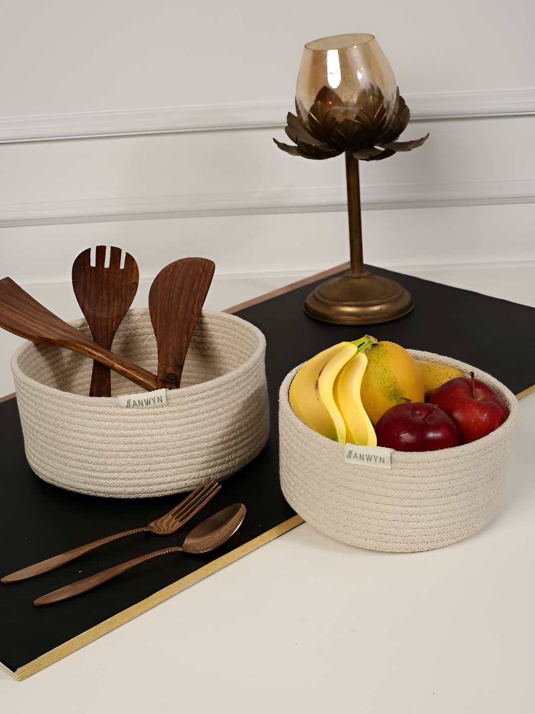 

ANWYN Beige 2 Pieces Self Design Heat Resistant Cotton Jute Multi-Utility Organisers