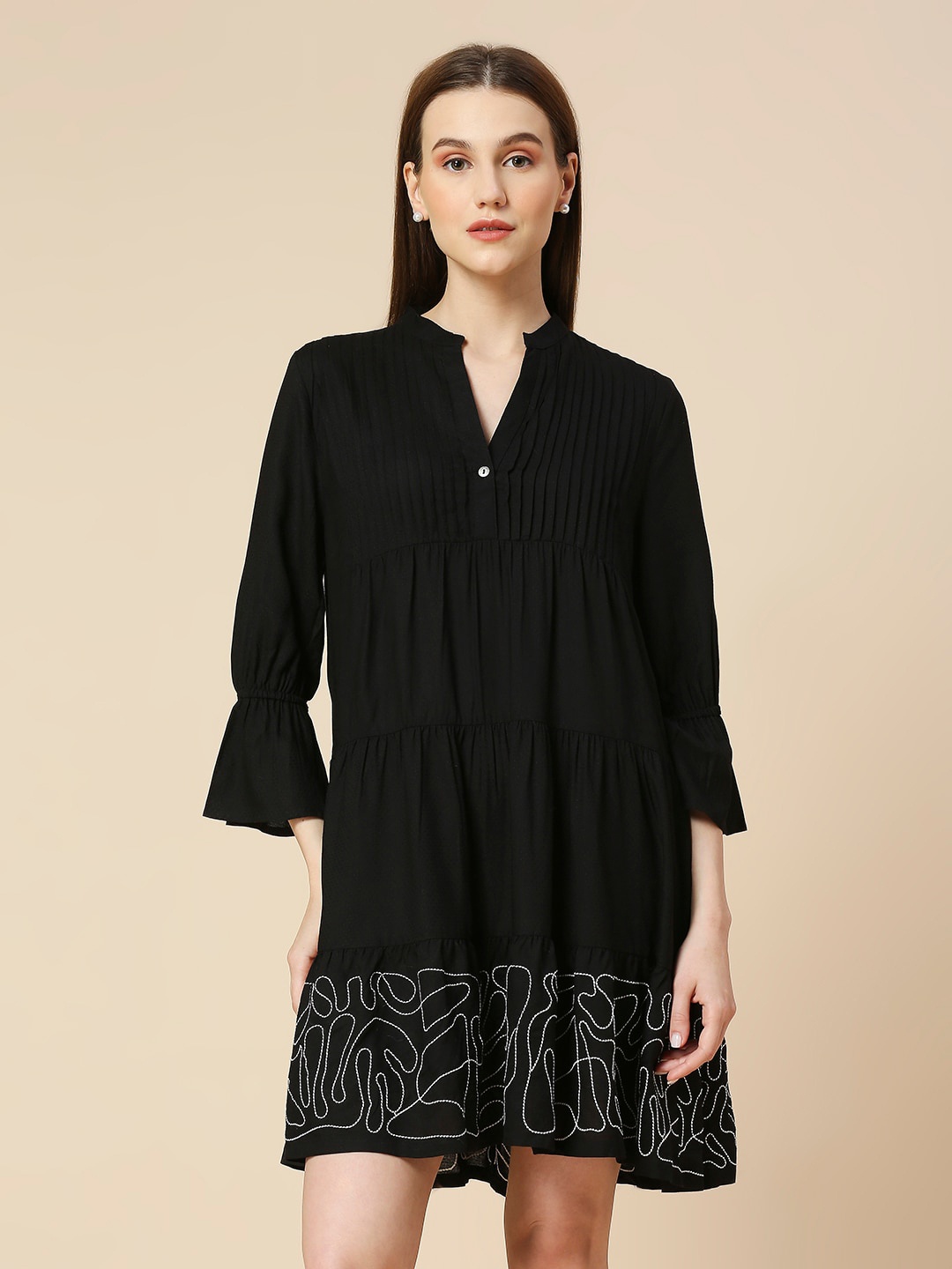 

Chemistry Mandarin Collar Bell Sleeve A-Line Dress, Black