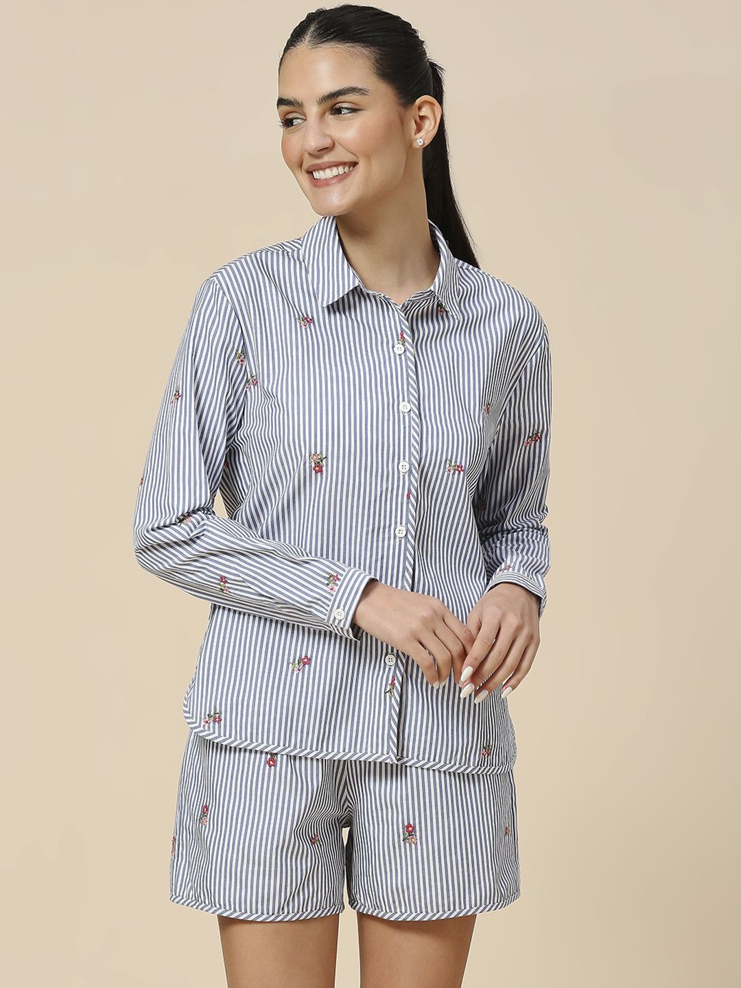

Chemistry Striped Pure Cotton Shirt With Shorts, Blue
