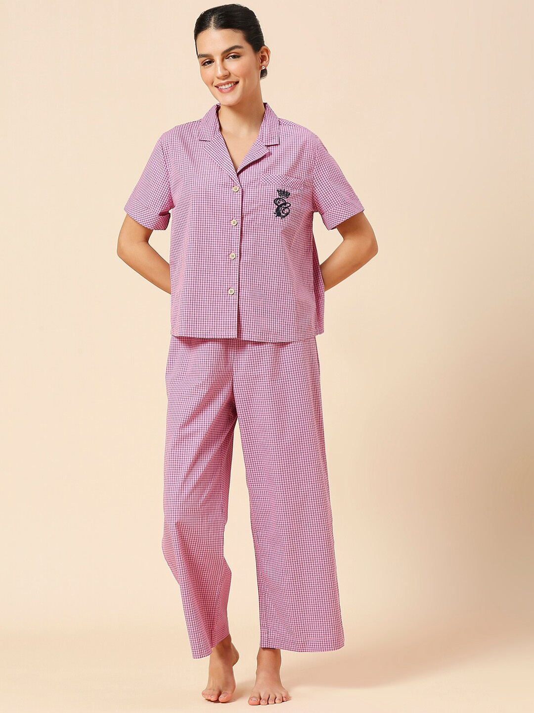 

Chemistry Checked Lapel Collar Pure Cotton Shirt With Wide Leg Pyjamas, Pink