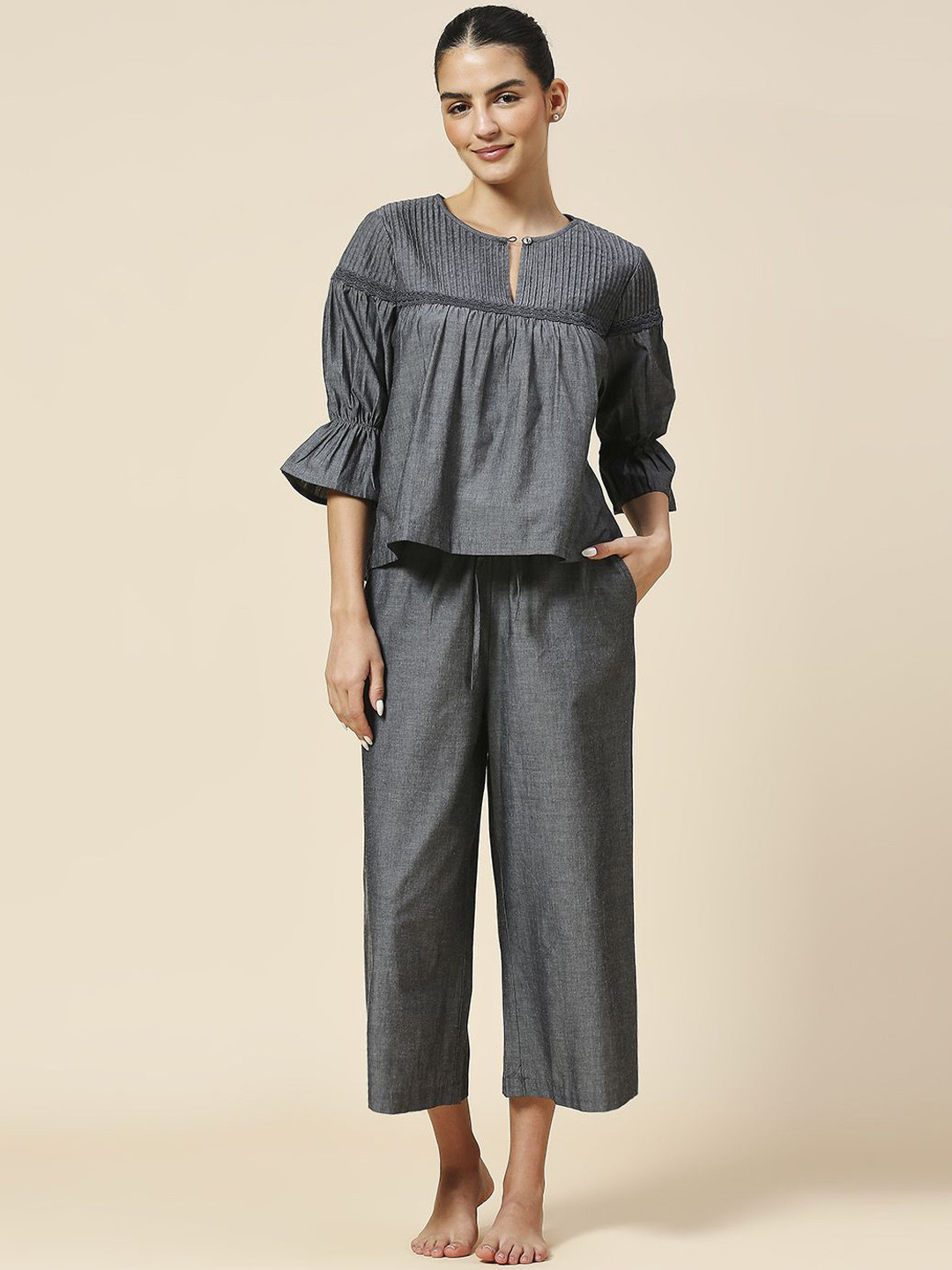 

Chemistry Pure Cotton Chambray Pintucked Yoke Top with Pyjamas, Grey