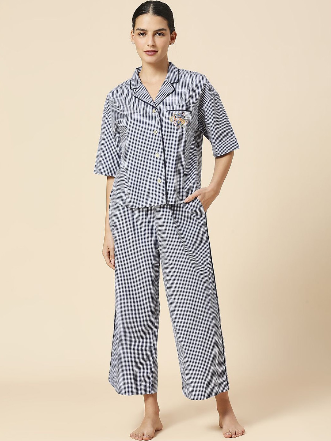 

Chemistry Checked Pure Cotton Shirt With Pyjamas, Navy blue