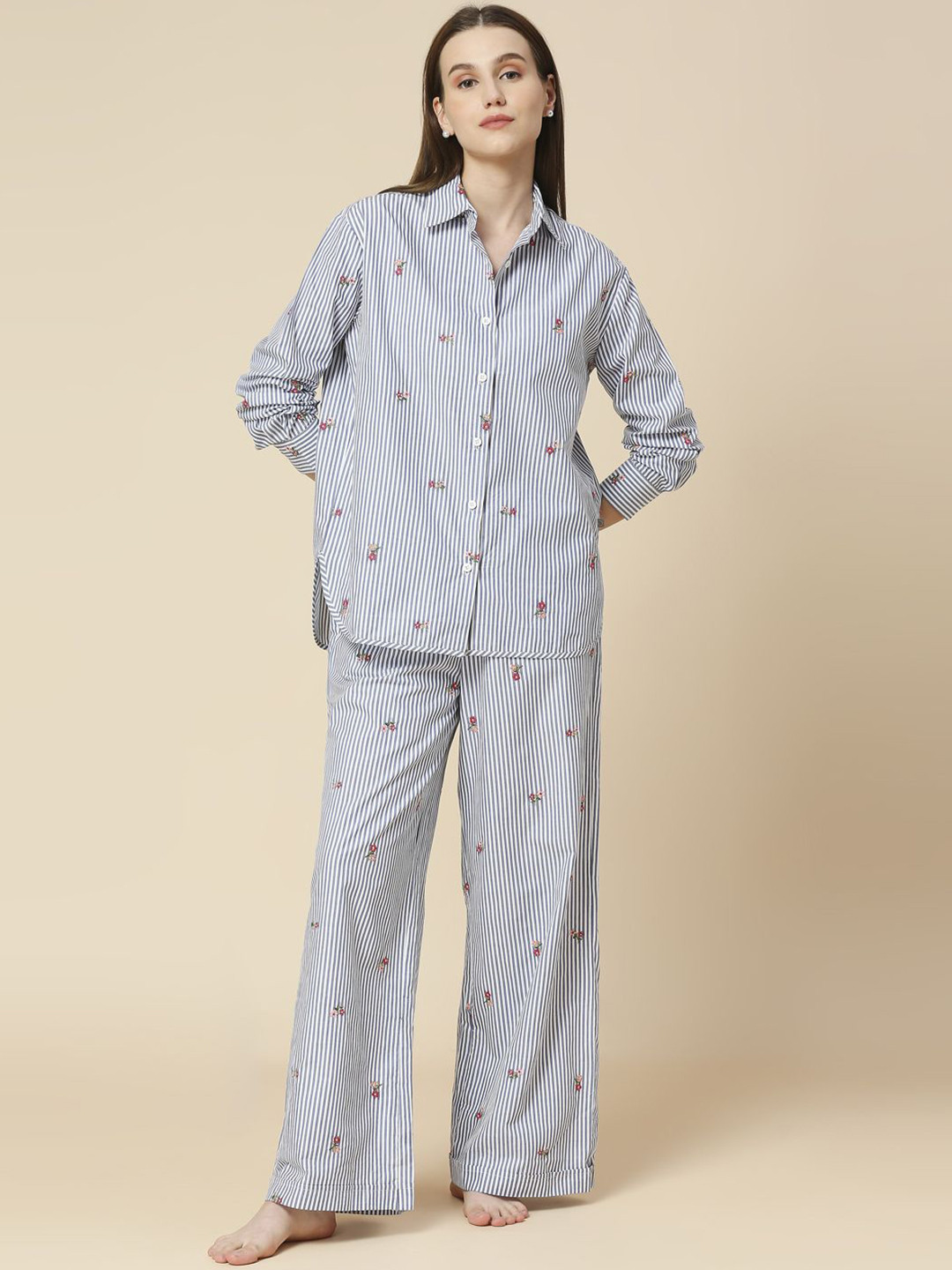 

Chemistry Striped Embroidered Detail Shirt With Wide Leg Pyjamas, Blue