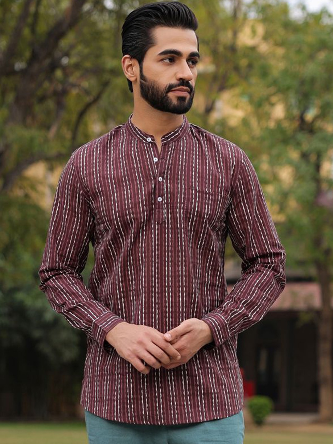 

SANSKRUTIHOMES Mandarin Collar Cuffed Sleeves Summer Sheers Cotton Short Kurta, Brown