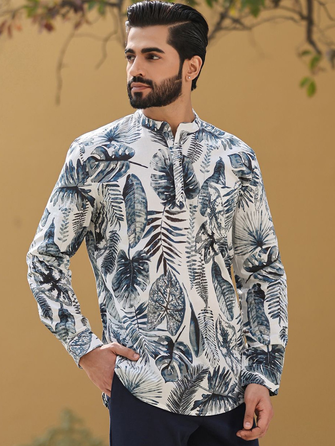 

SANSKRUTIHOMES Mandarin Collar Tropical Printed Summer Sheers Cotton Short Kurta, Grey