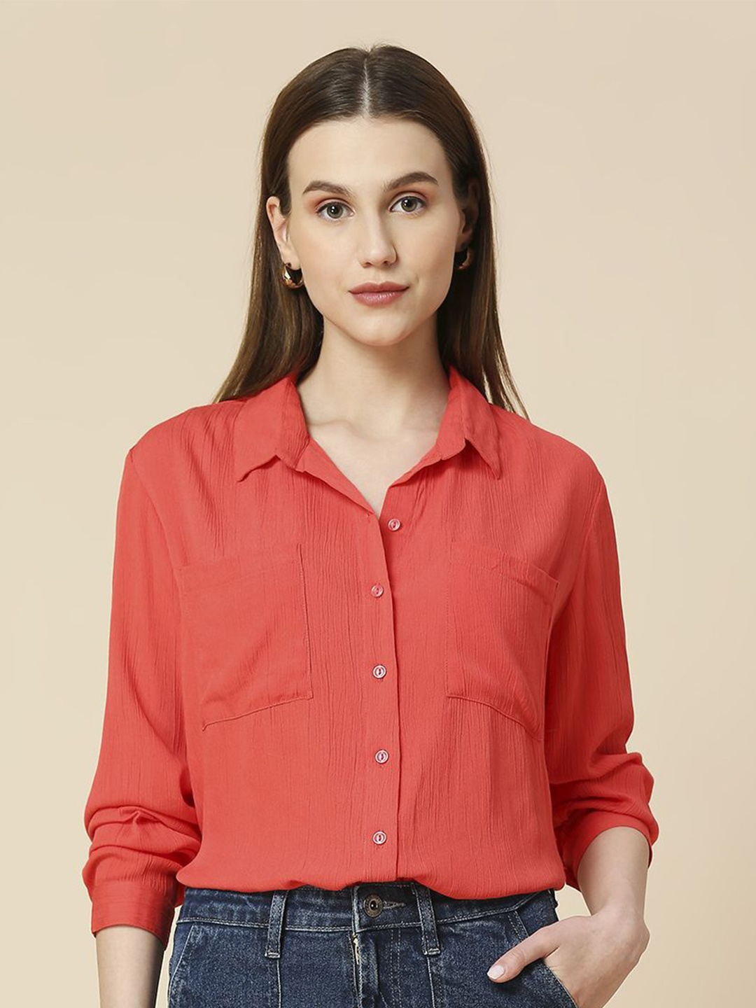 

Chemistry Self Design Spread Collar Shirt, Coral