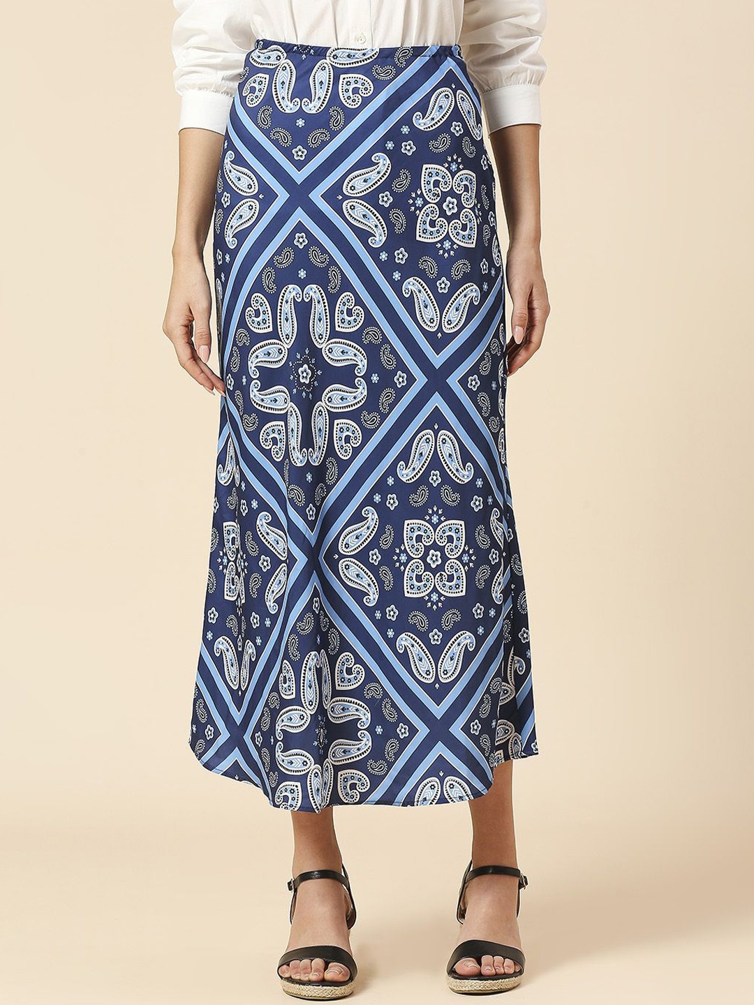 

Chemistry Bandana Printed Satin Bias Cut Skirt, Blue