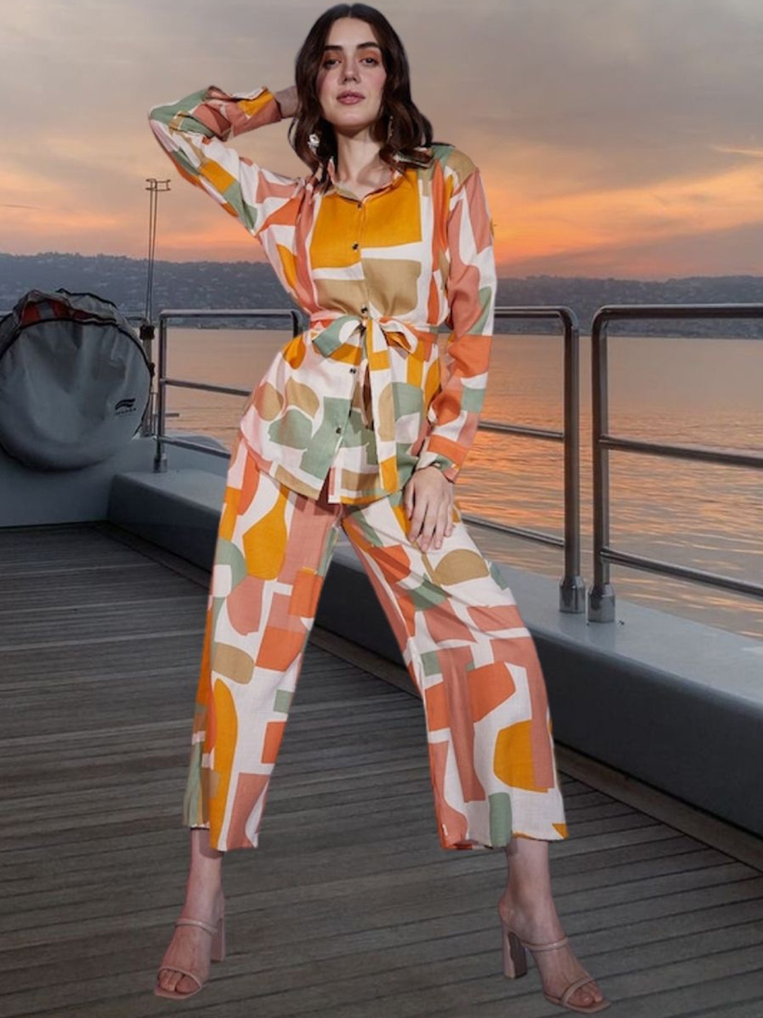 

BAESD Abstract Printed Belted Shirt & Palazzos Loose-Fit Pure Cotton Co-Ords, Orange