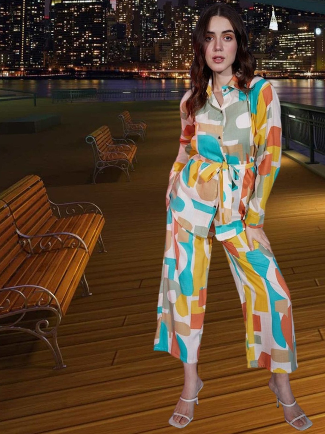

BAESD Printed Pure Cotton Shirt & Trousers with Belt Co-Ord Set, Green