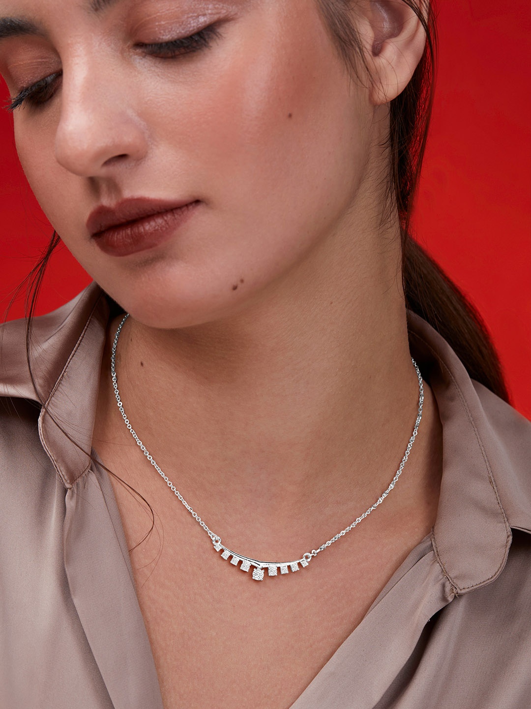 

MINUTIAE Brass Silver-Plated Stones-Studded Pendant Necklace With Chain